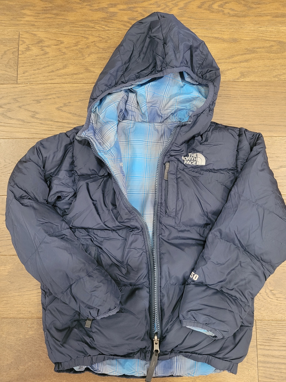 The North Face Navy Hooded Down Jacket with Blue Plaid Lining